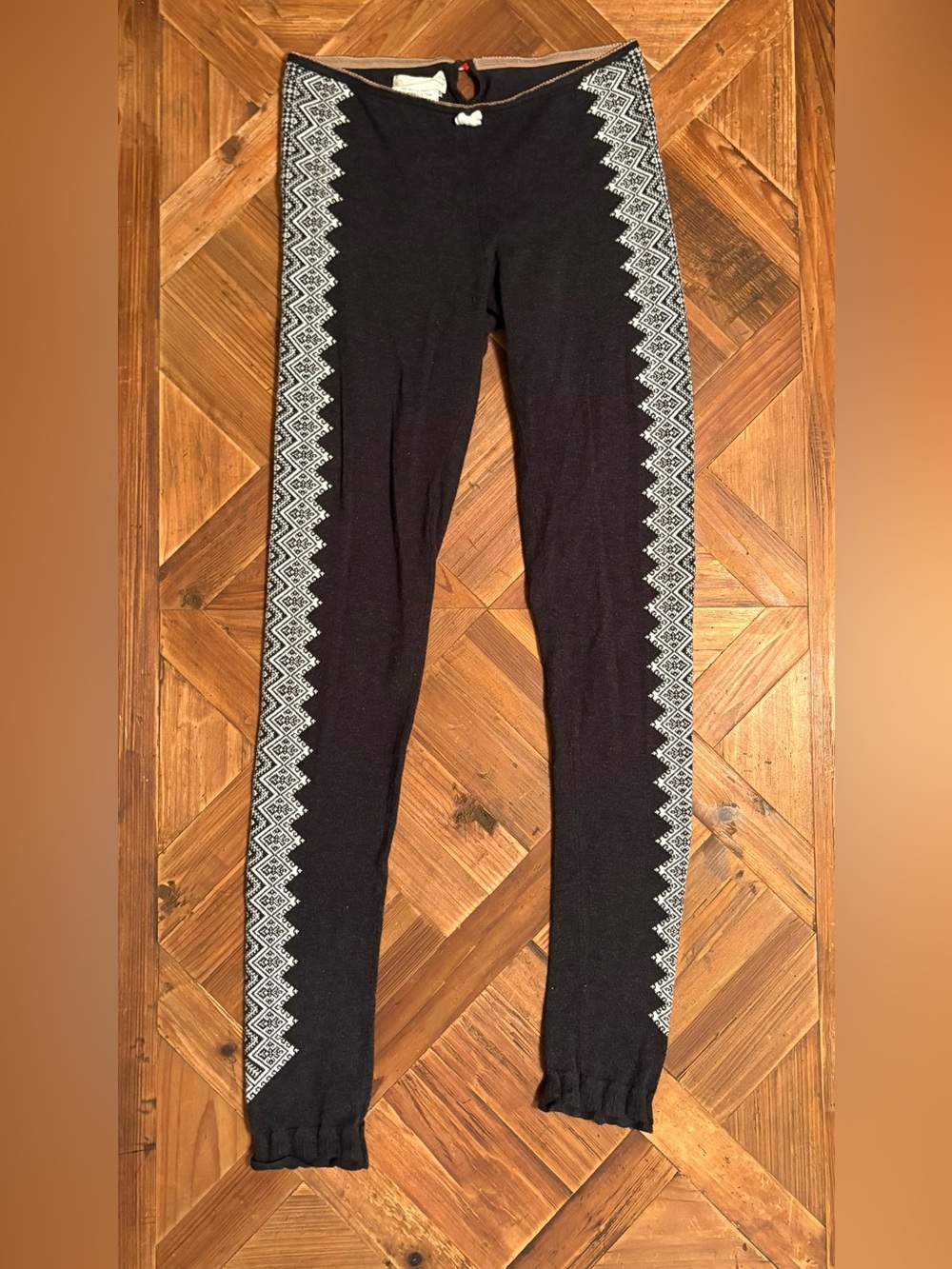 Odd Molly Black Knit Leggings with White Fair Isle Side Stripe Sz 0